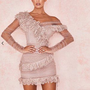 HOUSE OF CB - SORREL -  BLUSH LACE FRILL MINI DRESS